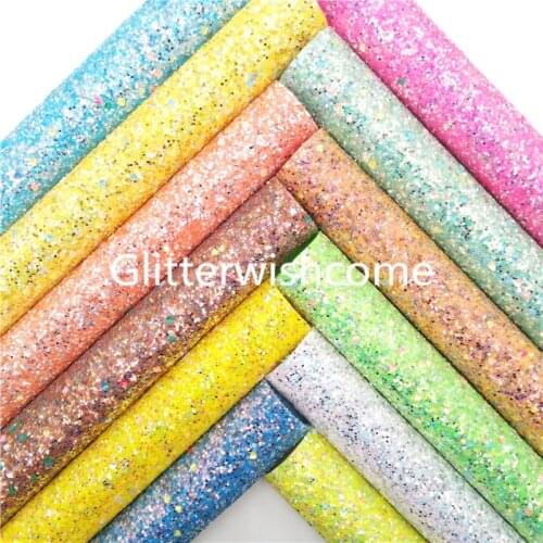 Glitterwishcome Diamond Neon Chunky Glitter Leather Faux Fabric Sheets Felt Backing Synthetic Leather Bow DIY 21X29CM GM1018D