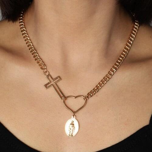 Love Heart Jesus Cross Pendant Necklace Big Punk Wind Sliver&Gold Chain Necklace Gift for Women Jewelry Wholesale