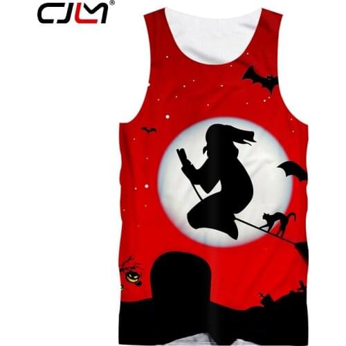 CJLM White Moon Halloween Man Tank Top 3D Printed Broom Witch and Bat The New Listing Mens Sleeveless TankTop