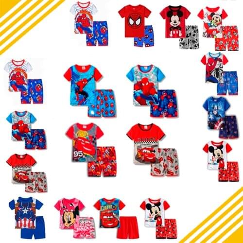 Kids Pajamas Set Summer Children Short Sleeve Sleepwear Spiderman Cars Mickey Boys Cartoon Pyjamas Girl Clothing Nightwears Set