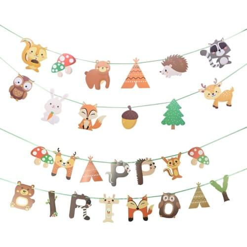 Jungle Animal Flag Banner Forest Squirrel Hedgehog Cat Fox Bunting Paper Garland Baby Shower Kids Happy Birthday Party Decortion