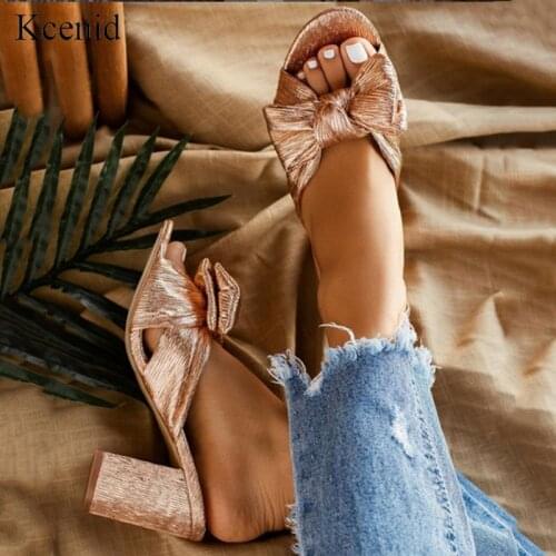 Kcenid Sweet bowtie gold slipper women shoes summer high heels mules slides female peep toe block heel slippers women size 35-42