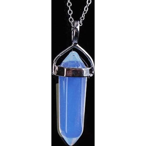 KFT Man-made Opalite Opal Hexagon Prism Double Terminator Stone Pendulum Pendant Link Chain Necklace Women Men Jewelry