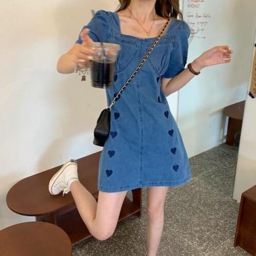 Chinese new women skirt square collar bubble sleeve waist show thin love embroidery denim dress spot