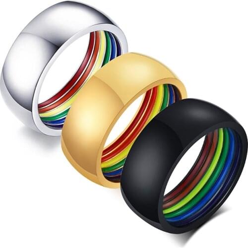 Simple Style Stainless Steel LGBQ Pride Rings for Women Men Unisex Jewelry Rainbow Stripes Inside Dome Shape Finger Gifts