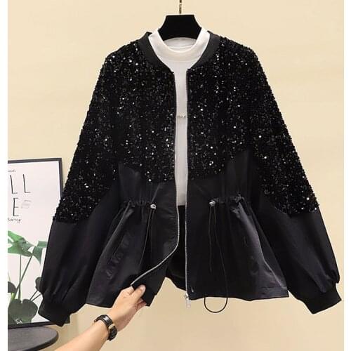 Korean Sequin Black Bomber Jacket Women Clothes 2021 Autumn Loose Short Splicing Zipper Outerwear Long Sleeve Female Coat G969