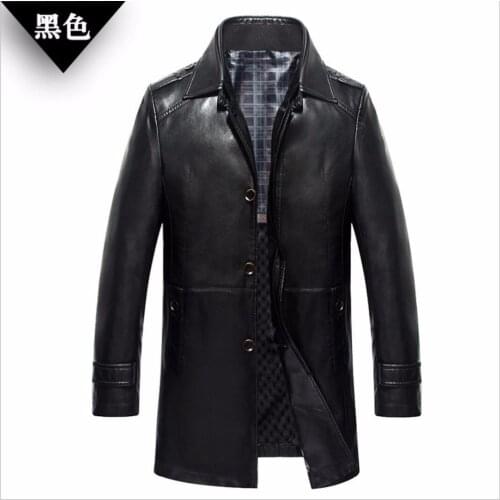 M-4xl 2021 Winter New Mens Clothing Business Casual Faux Leather Coat Thicken Pu Leather Jacket Middle-aged Long Leather Trench