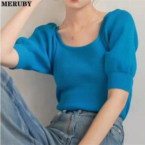 MOSTSUIT Puff Sleeve Square Collar Knitted Pullover Knitwear Women Vintage Korean Solid Slim Sweater Tops Jumpers Femme