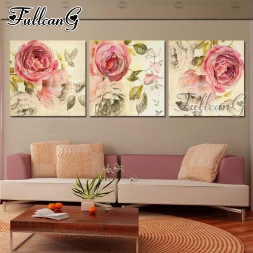 FULLCANG 3 piece diy diamond embroidery pink rose flowers triptych painting full square/round drill 5d mosaic pattern art FC660