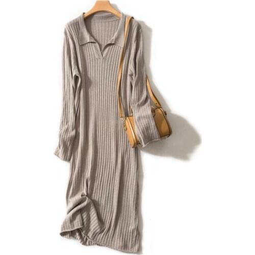 SZDYQH 2019 New Autumn Women Dress Cashmere Blended Knit Pullover Fashion Ladies Turn-Down Collar Casual Loose Dresses Vestidos