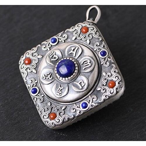 BOCAI new s990 pure silver mens and womens pendant six-character Buddhist mantra rotatable lapis lazuli pendant