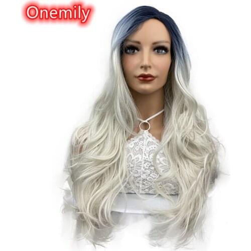 Onemily Long Wavy Heat Resistant Synthetic Ombre Color Wigs for Women Girls Theme Party Out Fun White with Dark Roots