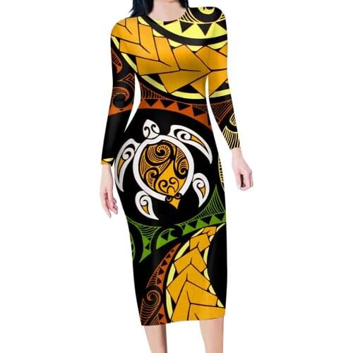 HYCOOL Sexy Knee-Length Party Dresses Round Neck Polynesian Tribal Long Sleeve Autumn Elegant Dress Plus Size Ladies Clothes