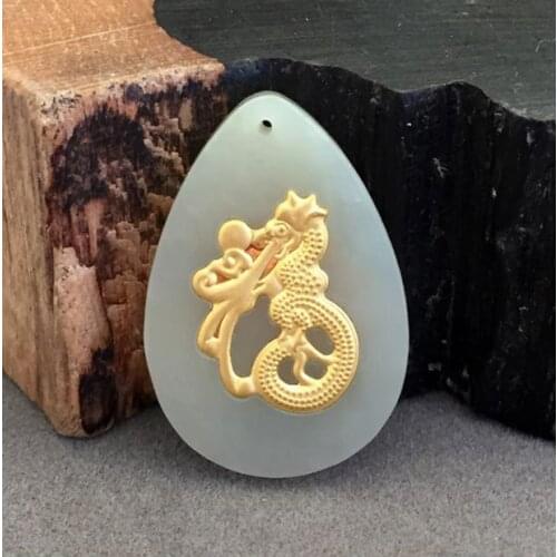 Gold inlaid natural jade and water droplets 3D hard gold pendant with certificate of lovers "