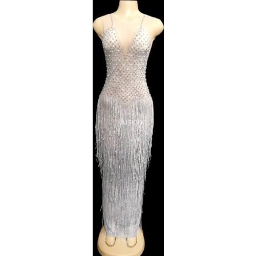 Sexy Mesh See Through Spring Tassel Long Dress Women Evening Party Sleeveless Preal Rhinestones Dresses Birthday Costumes YOUDU