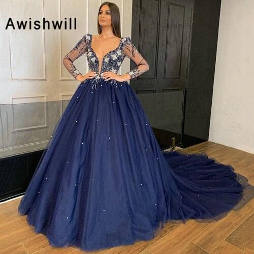 Navy Blue Beaded Long Sleeves Evening Dresses Arabic Sequined Prom Gowns Appliques A Line Women Formal Party Dress Plus Size