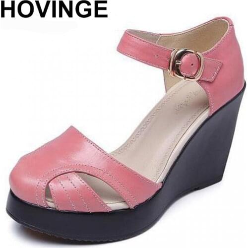 HOVINGE Sandals Women Ummer Fashion Comfortable Cowhide High Heels Wedges Platform Genuine Leather Shoes
