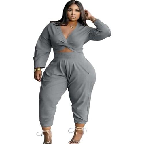 Two Piece Set Women Plus Size Fall Clothing Casual V Neck Long Sleeve Crop Top High Waist Pants Sets 2021 Wholesale Dropshipping