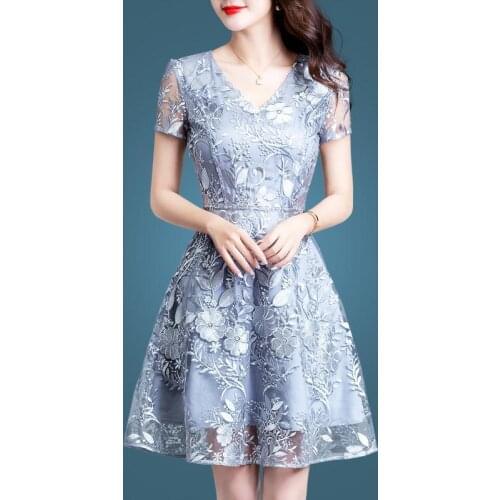 Embroidered Dress New Summer Style Diverse Fashion Show Thin Lace Short Sleeve Elegant Temperament Women Cocktail Dresses 9060