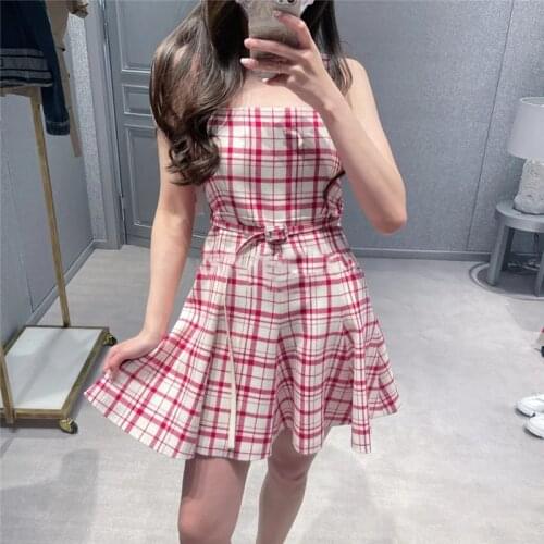 Sexy Spaghetti Strap Mini Dresses for Women Vintage Red Plaid A-line Mini Dress Female Korean Fashion Summer Clothes 2021