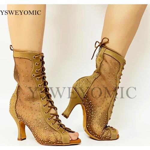 2021 Professional Latin Dance Shoes Women Khaki Brown Rhinestones Salsa Dance Shoes Suede 9cm Heel Women Salsa Latin Dance Boots