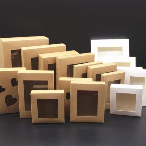 30PCS/Lot Brown/White Kraft Paper Box With PVC-Window, Jewelry Cake Sweets Dessert Gift Box Wedding Packaging Hand Fold Boxes