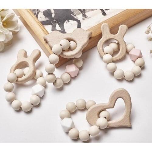 4 Baby Nursing Bracelets Wooden Teether Silicone Beads Teething Wood Rattles Toys Baby Cartoon Animal Teether Bracelets Nursing