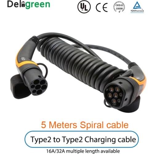 Level 2 EV Car charger with 5M 16A 32A Type 2 to Type 2 IEC62196 single phase EV Charging Plug With sprial cable TUV/UL with bag
