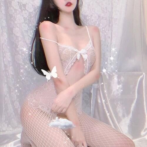 2021 White Lingerie Sexy Women Underwear Open Crotch Fishnet Bodysuits Exotic Apparel Lace Bowknot Transparent Nightwear