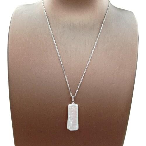 FREE SHIPPING 100% nature freshwater pearl pendant,25X12 MM big RECTANGLE baroque shape,925 silver chain-18 inch length