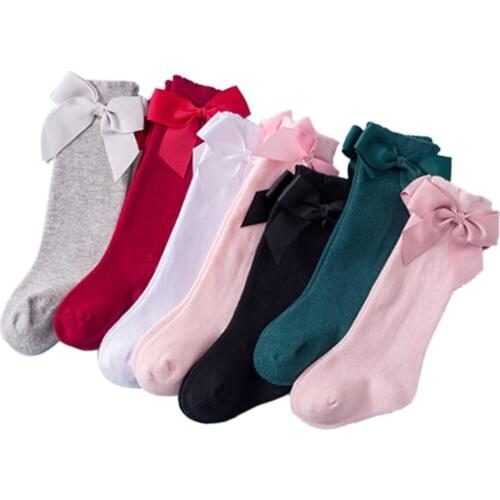 Baby Girls Bow Socks Solid Color Cotton Socks Cute Breathable Long Tube Socks for Girls 0-7 Years