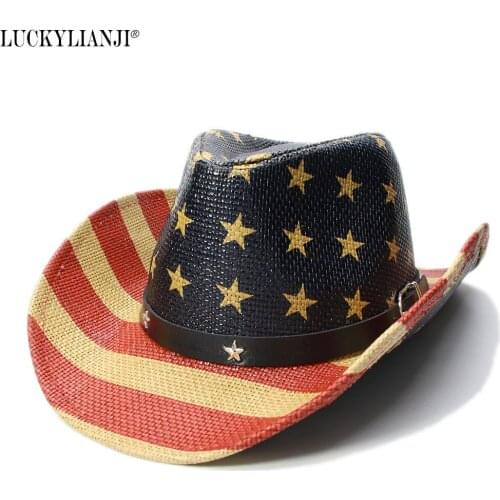 LUCKYLIANJI Kid Child Childrens Pentagram Stripes American Flag Wide Brim Straw Sun Beach Cowboy Cowgirl Hat (54cm)