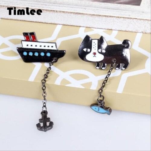 Timlee X005 Free shipping Cute Cat with Fish Boat with Anchor Brooch Pins,Fashion Jewelry Wholesale HY
