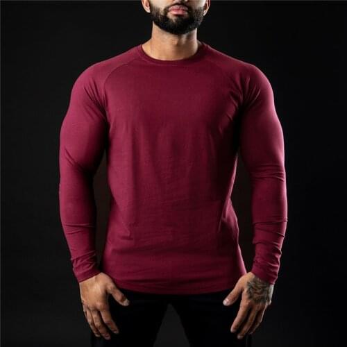 Fitness Solid Workout Tee Top Gym Men Cotton Breathable Sports Long Sleeve T-shirt Spring Fashion Brand O-Neck Slim Fit Tshirt