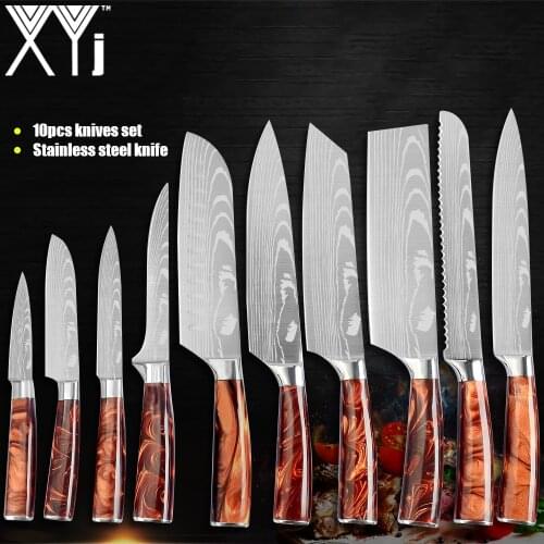 XYj Kitchen Knives Tool Set Stainless Steel 8'' Chef Bread Slicing 7'' Santoku Boning Knife Sharpener Bar Save Space Knife Bag