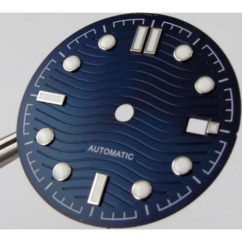 Nologo 30.8mm Blue Watch Dial Waves Patterns Wristwatch Hand for NH35 Date Display