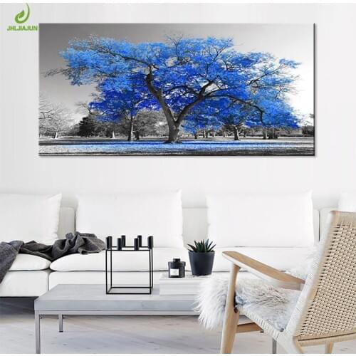 JHLJIAJUN Nordic Canvas Painting Blue Tree Forest Landscape Horizontal Rectangle Picture Wall Art For Living Bedroom Decor