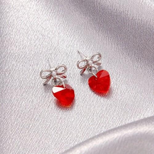 Origin Summer Korean Fashion Bowknot Rhinestone Dangle Earring for Women Textured Red Love Heart Hollow Metallic Earring Jewelry