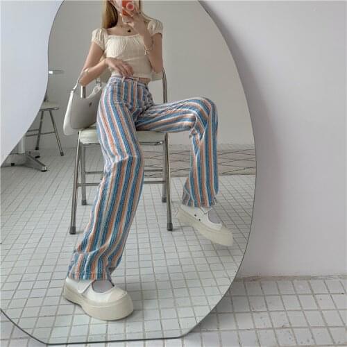 Autumn color striped jeans pants women high waist loose trousers