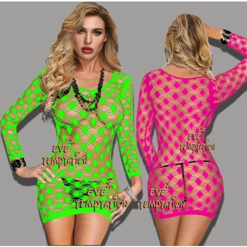Sexy crochet Fish Net Lingerie Babydoll dress Underwear costumes sleepwear Chemises costumes Nightgown long sleeve W052