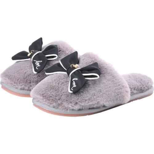 Cute Bow Soft Plush Cotton Slippers Shoes Women Non-Slip Floor Indoor Home Furry Slippers Winter Female Shoes For Bedroom qq947