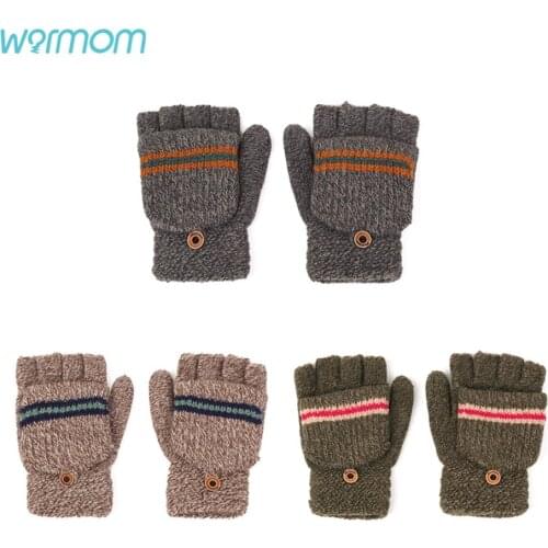 Warmom New Fashion Stripe Boys Convertible Fingerless Gloves Warm Knitted Flip Top Mittens Winter Kids Gloves Baby Accessories