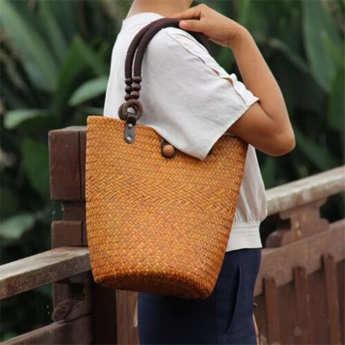 22x29CM Hand-woven Women Thailand Straw Bag Casual Vacation Retro Fresh Handbag Shoulder Bag Bucket Bag a6116