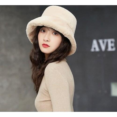 Women Girls Winter Thickened Fluffy Plush Cap Plain Solid Color Wide Brim Sun Protection Packable Outdoor Fisherman Hat