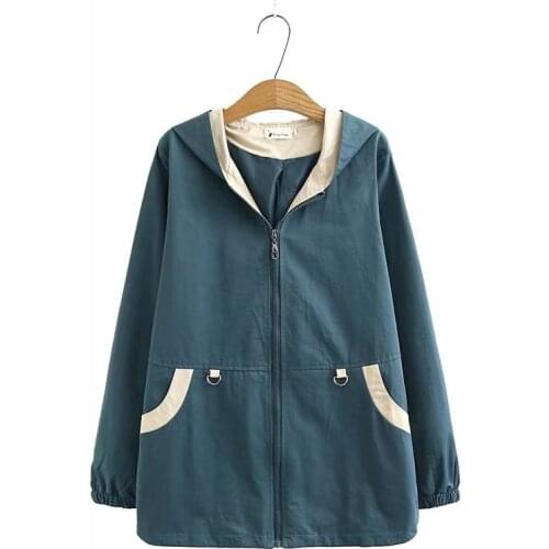 Plus size hooded Back embroidery women loose tench coats 2021 new autumn casual ladies zipper coats female tops pink brown blue
