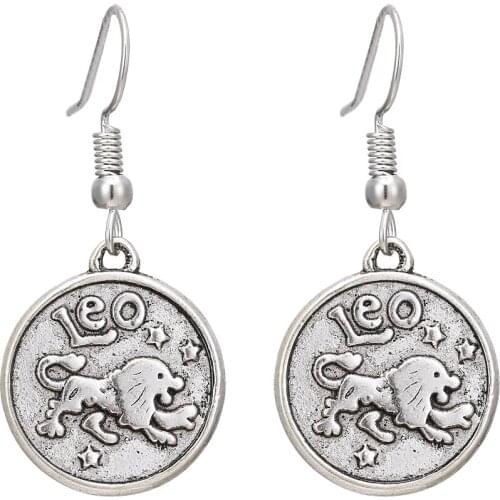 Leo 1pair Vintage SIlver 12 Constellation Earring Gemini Cancer Dangle Charms Earrings For Women Fashion Jewelry