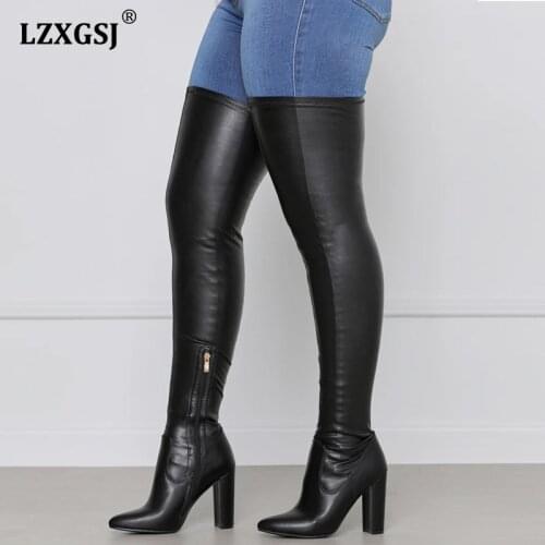 Women High Knee Boots 2021 New Sexy Thigh High Boots Female Pointed Toe Black Boots Thick High Heel Boots For Girls Plus Size 43