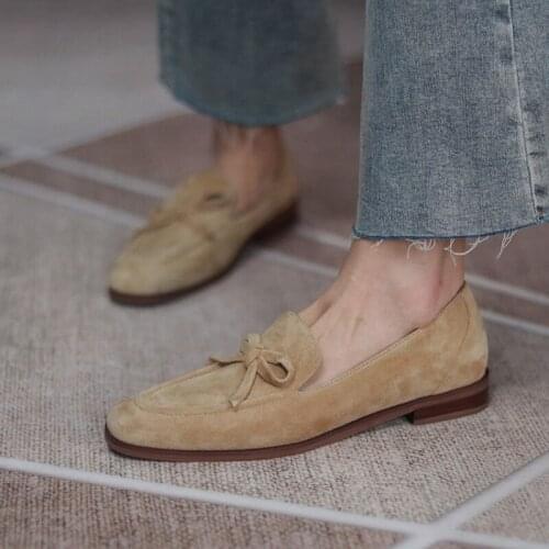 2021 Spring/Autumn Fashion Women Loafers Kid Suede Round Toe Chunky Heel Casual Women Shoes Bow-knot Low Heel Pumps for Women