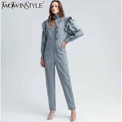 TWOTWINSTYLE Patchwork Ruffle Casual Jumpsuit For Women Stand Collar Long Sleeve High Waist Solid Jumpsuits Female 2020 Autumn