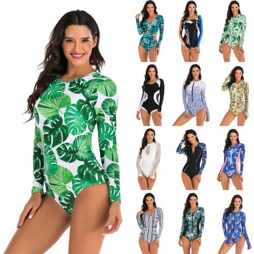 Long Sleeve Swimwear Women Print Zipper Rashguard One Piece Swimsuit 2020 Surfing Dive Bodysuit Beachwear Spa Batingsuit